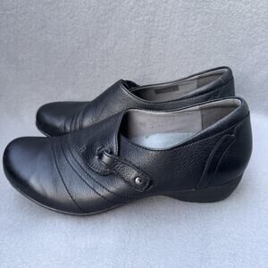 Dansko‎ Franny Shoes Womens Size 39 Black Leather Slip On Comfort Wedge Loafers